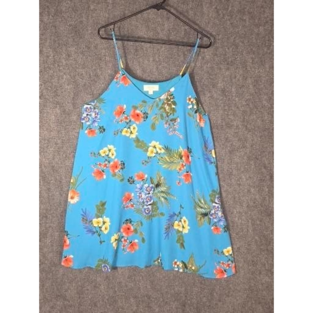 Peach Love California Blue Tropical Floral Cami Swing Top Pockets Sz Large Boho